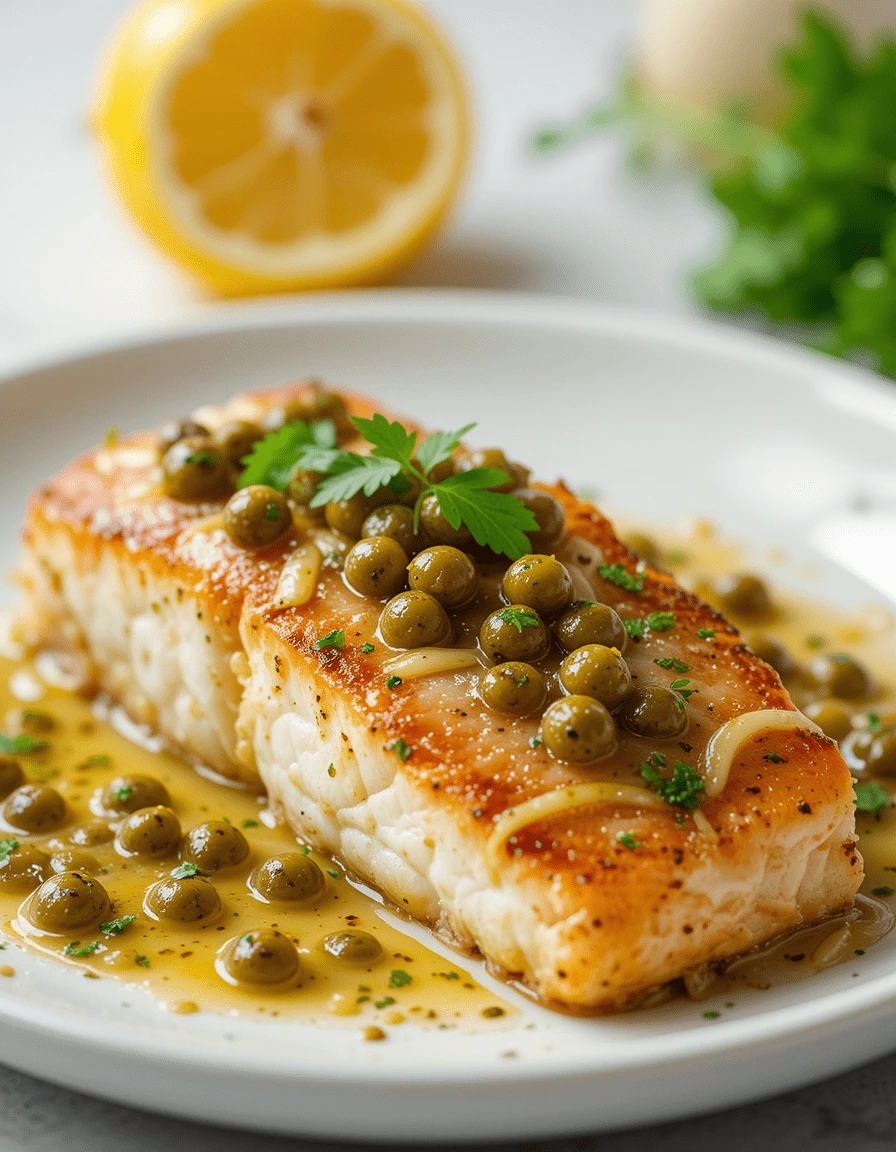 Pan-seared rockfish fillet with lemon caper sauce, garnished with fresh parsley on a white plate