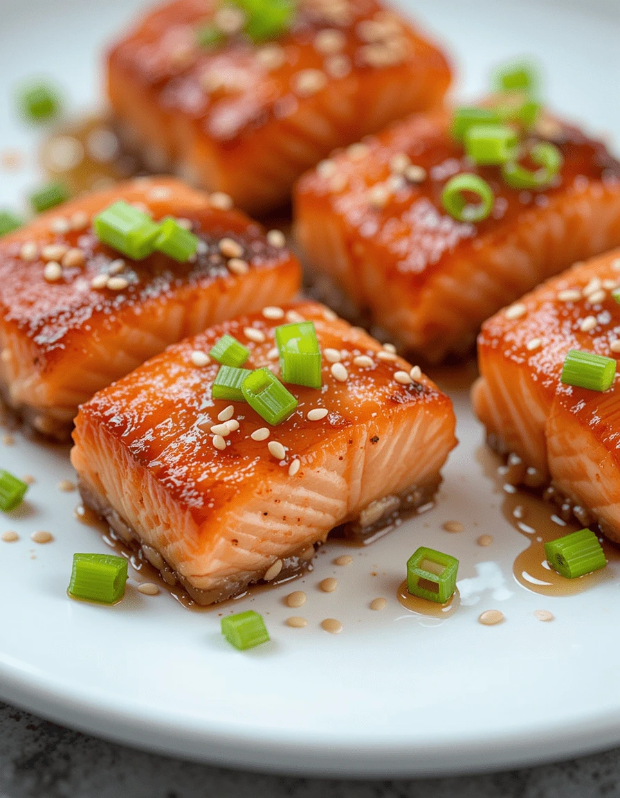 Close-up of glazed salmon bites garnished with sesame seeds and green onions on a white plate.