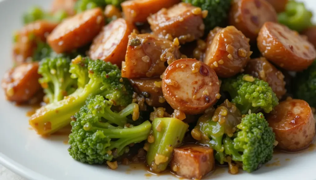 Close-up of sausage broccoli stir-fry served on a white plate, showcasing golden-brown sausage and vibrant green broccoli.