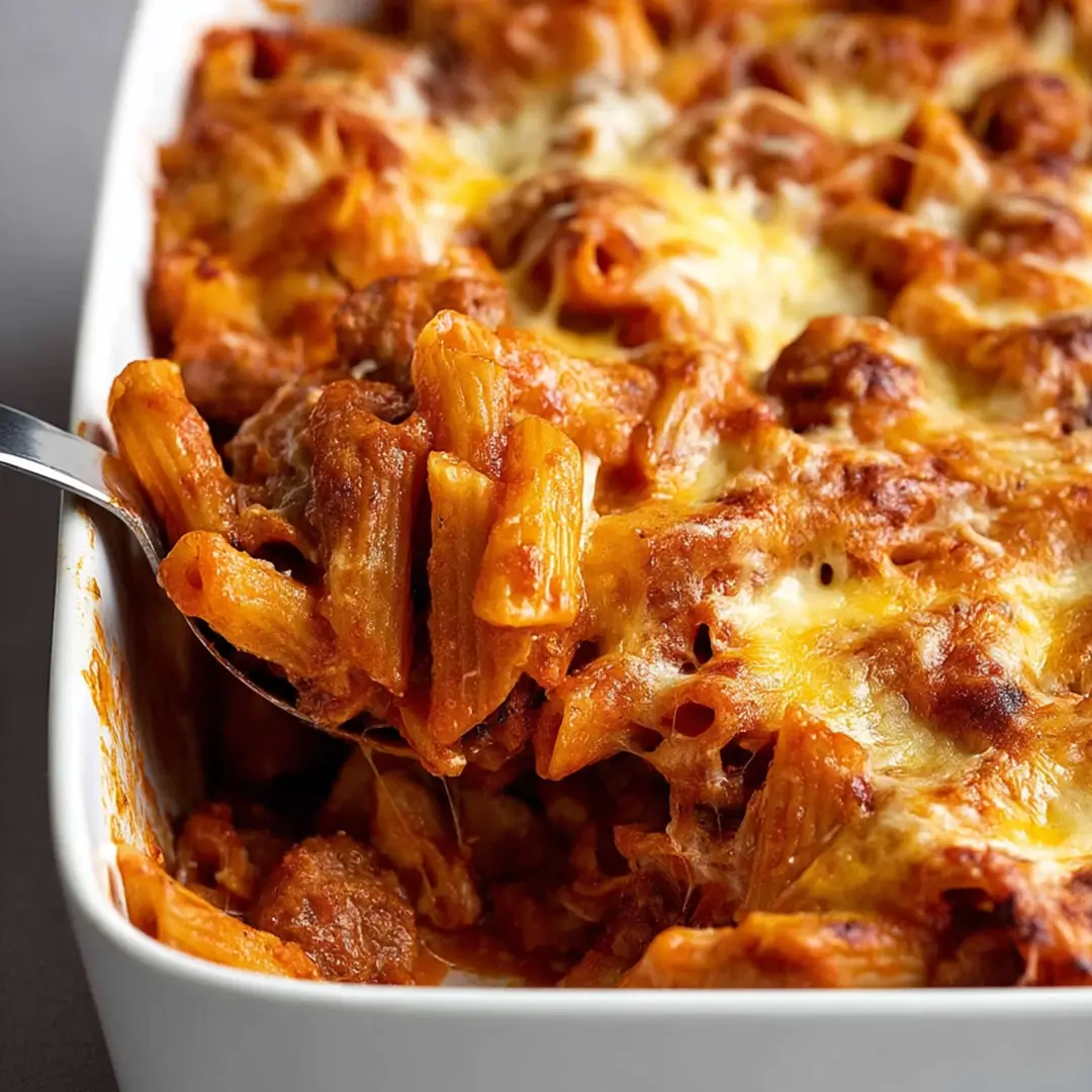 Sausage Pasta Bake: Rich, cheesy layers of baked penne with hearty sausage
