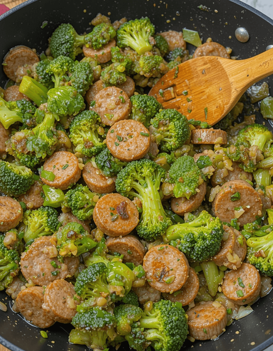 Skillet of sausage and broccoli stir-fry with fresh herbs and a wooden spoon.