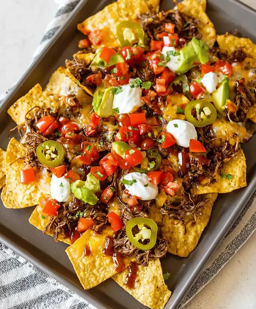 A close-up overhead shot of a platter of shredded beef nachos, generously topped with melted cheese, diced tomatoes, sliced jalapeños, avocado, and dollops of sour cream.