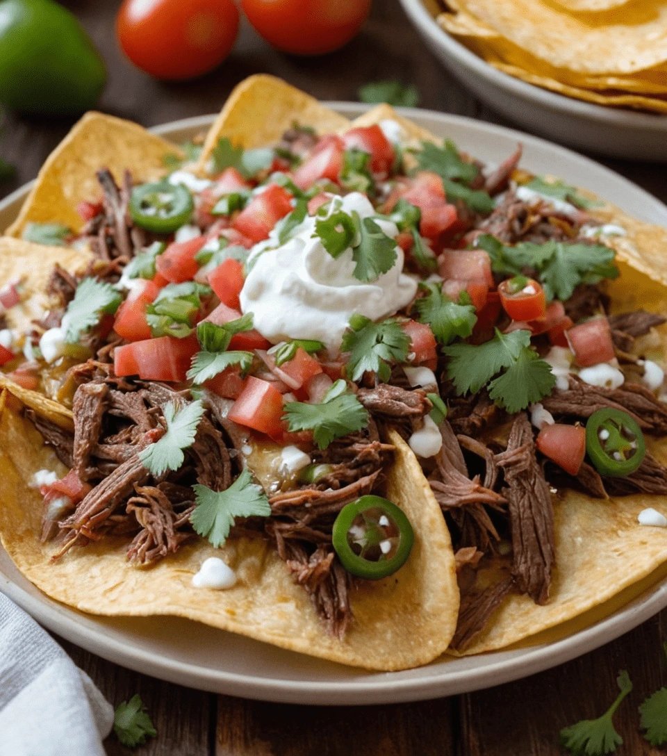 Plate of shredded beef nachos topped with sour cream, fresh pico de gallo, jalapeño slices, and cilantro.