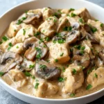 Creamy Slow Cooker Chicken and Mushroom Stroganoff recipe in a white bowl