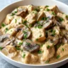 Creamy Slow Cooker Chicken and Mushroom Stroganoff recipe in a white bowl