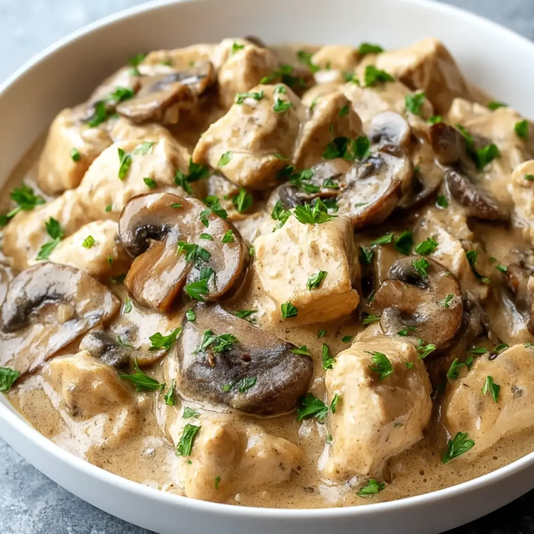 Creamy Slow Cooker Chicken and Mushroom Stroganoff recipe in a white bowl
