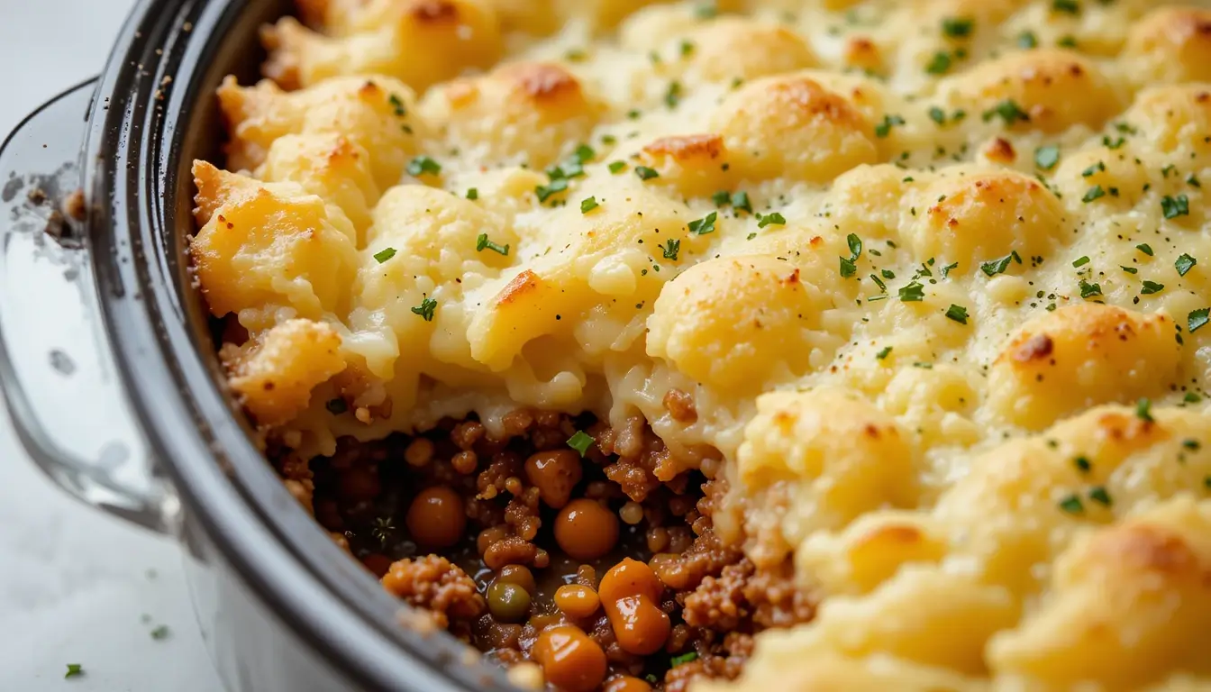 Close-up of slow cooker shepherd’s pie in a glass casserole dish, topped with crispy mashed potatoes and garnished with fresh herbs.