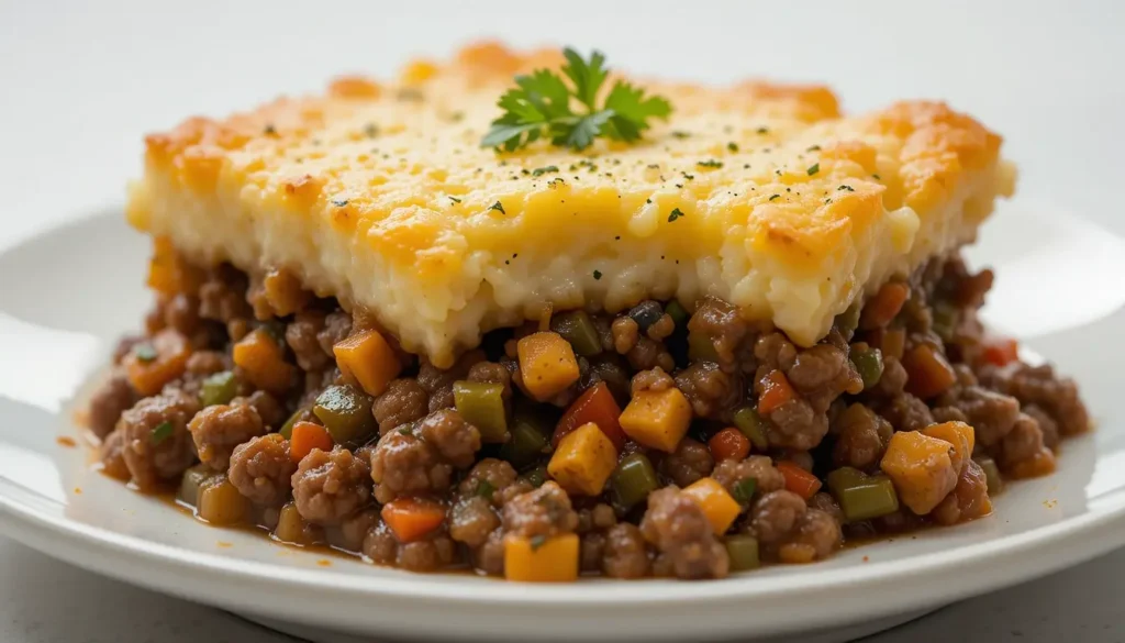 A serving of slow cooker shepherd’s pie on a white plate, showcasing layers of mashed potatoes, ground meat, and vegetables.
