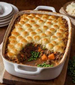 Shepherd's pie in a white casserole dish with golden mashed potato topping, beef, carrots, and peas.