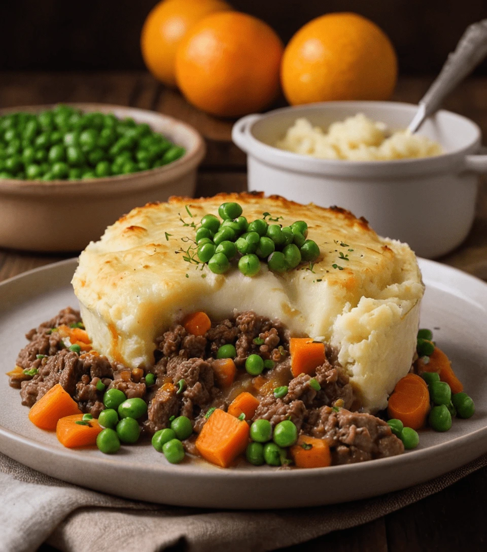 Shepherd's pie with golden mashed potatoes, ground beef, carrots, and peas, served on a plate with fresh peas and mashed potatoes in the background.