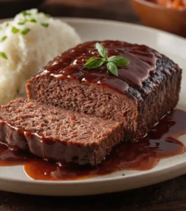 Sliced meatloaf topped with a rich glaze, garnished with basil, served alongside fluffy mashed potatoes.