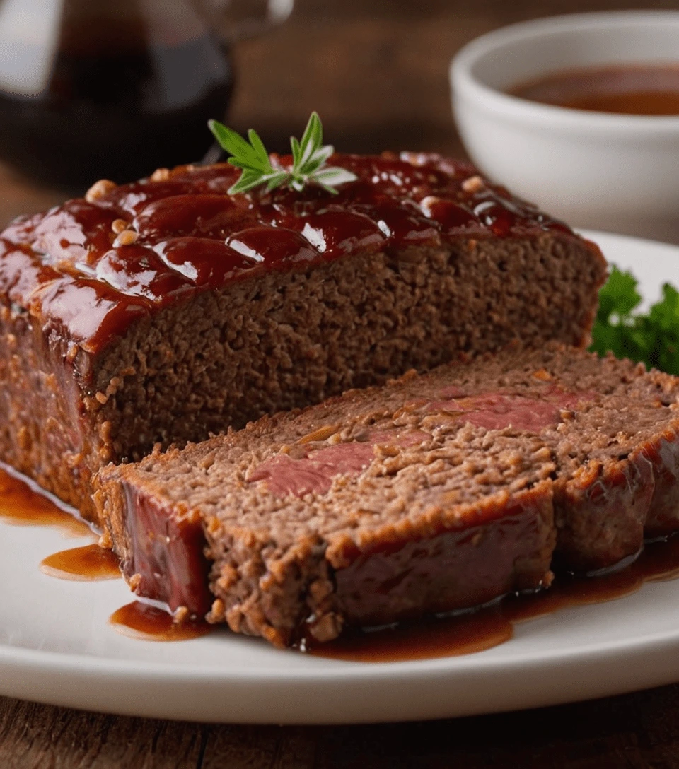 Juicy sliced meatloaf glazed with a shiny barbecue sauce, garnished with a sprig of rosemary.