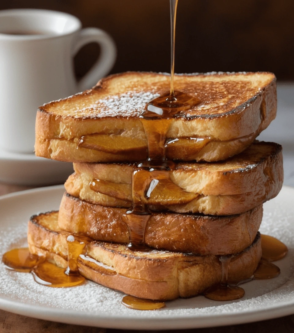 Stack of golden-brown French toast slices drizzled with maple syrup and dusted with powdered sugar.