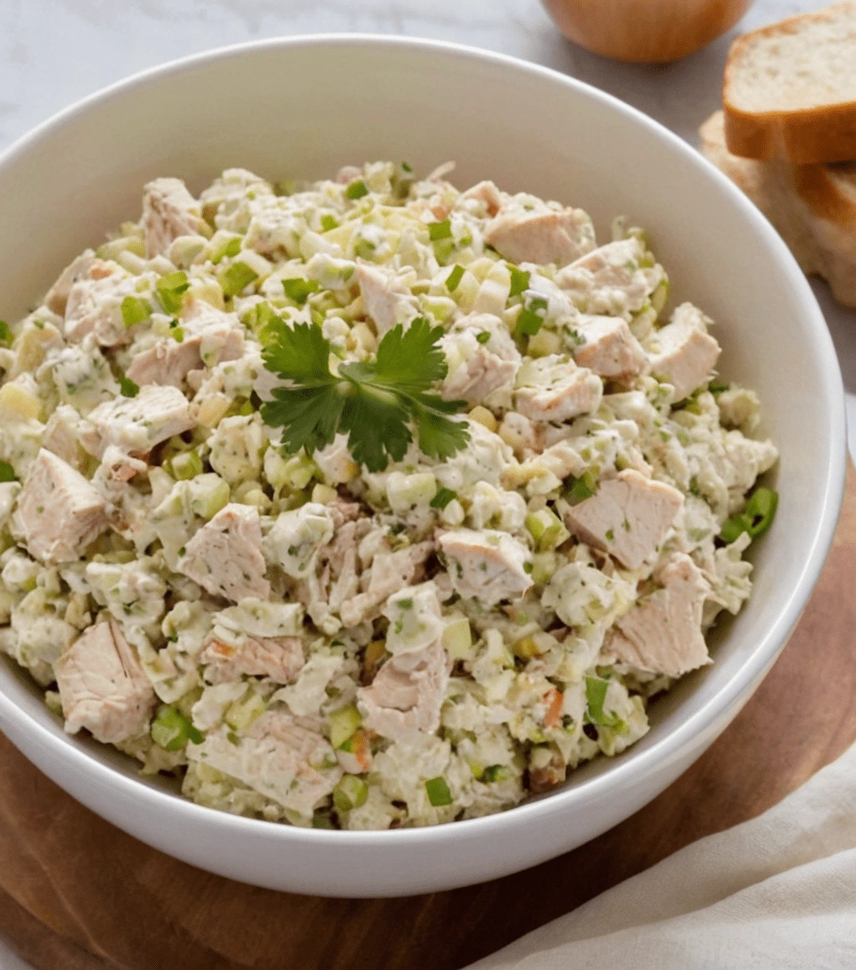 Southern-style chicken salad with fresh herbs in a white bowl.