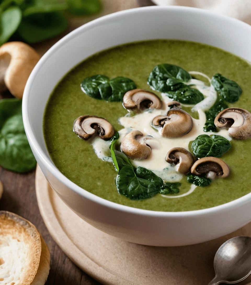 A bowl of creamy spinach soup topped with sautéed mushrooms and fresh spinach leaves.