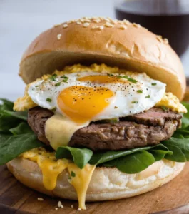 Close-up of a steak, egg, and cheese sandwich with a sesame bun, sunny-side-up egg, melted cheese, and fresh spinach, served on a wooden board.