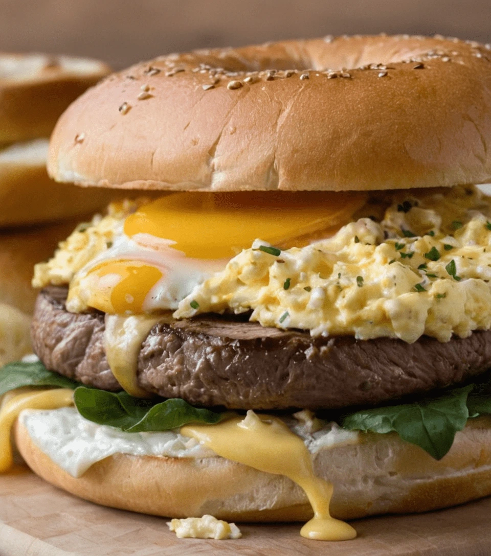 Close-up of a steak, egg, and cheese bagel sandwich with a toasted sesame bagel, tender steak, creamy scrambled eggs, melted cheese, fresh greens, and sauce dripping appetizingly.