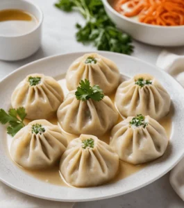 Steamed chicken soup dumplings garnished with cilantro, served on a white plate with broth.