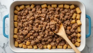 Preparing Cheeseburger Tater Tot Casserole with beef, cheese, and tater tots