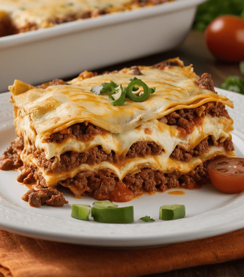 Delicious homemade beef lasagna layered with cheese and rich tomato sauce.