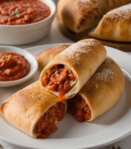 Cheesy pepperoni stromboli slices filled with sauce and meat on a white plate.