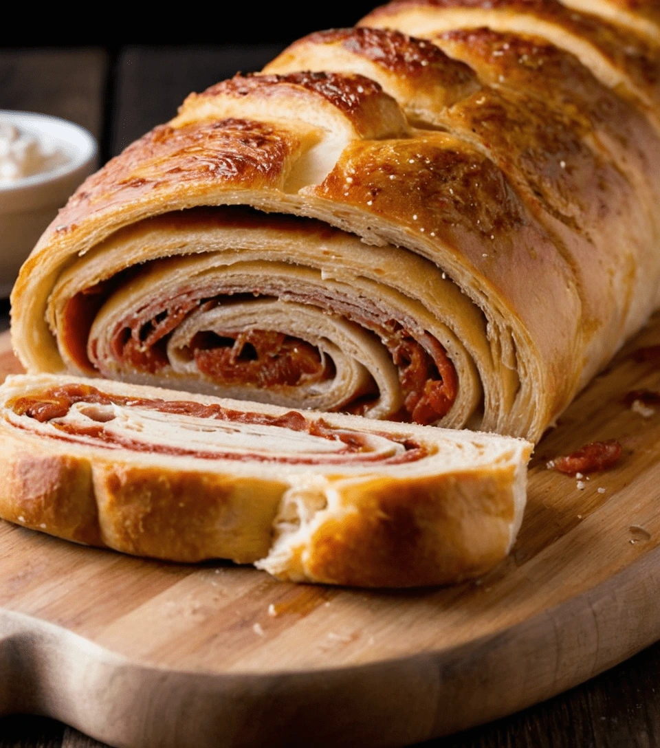 Sliced pepperoni stromboli with a golden crust on a wooden board.