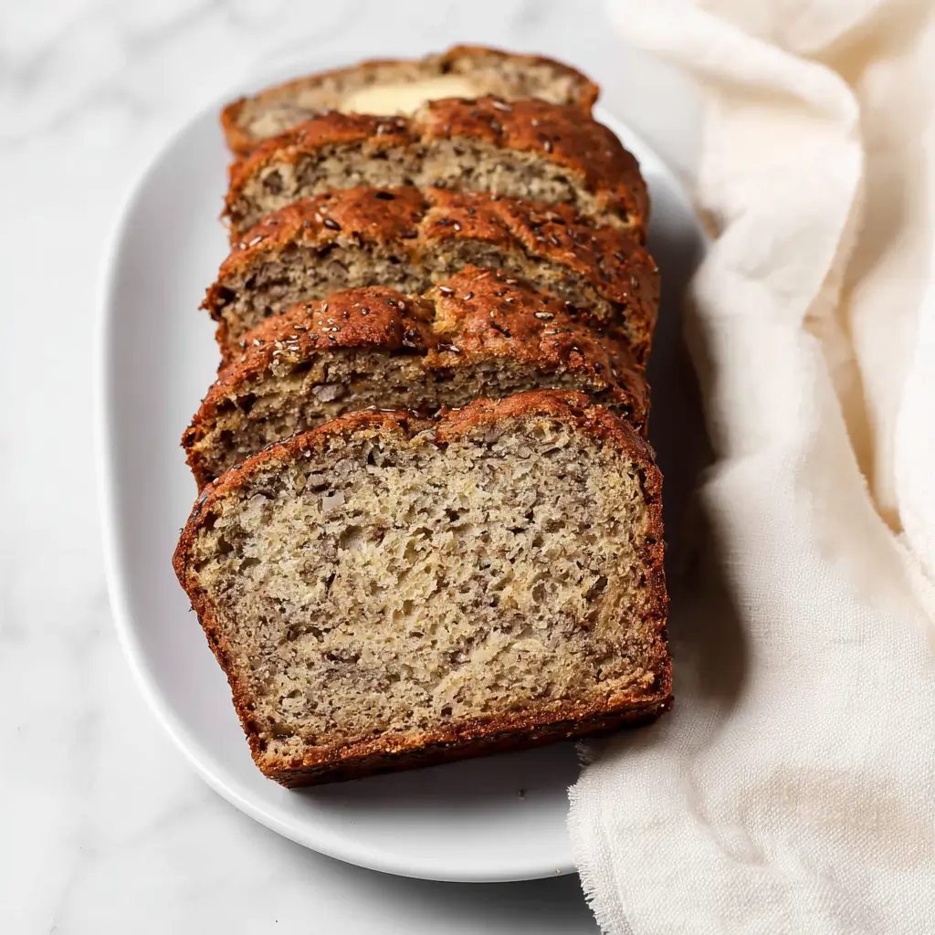 A loaf of moist banana bread made with a recipe using 2 bananas, sliced on a white oval plate next to a cream-colored napkin