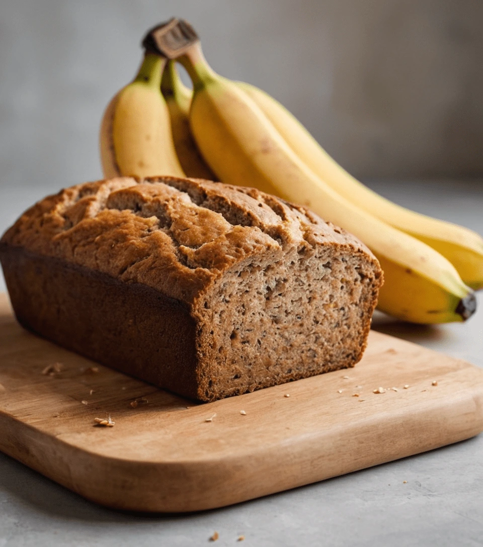 Freshly baked banana bread loaf on a wooden board.