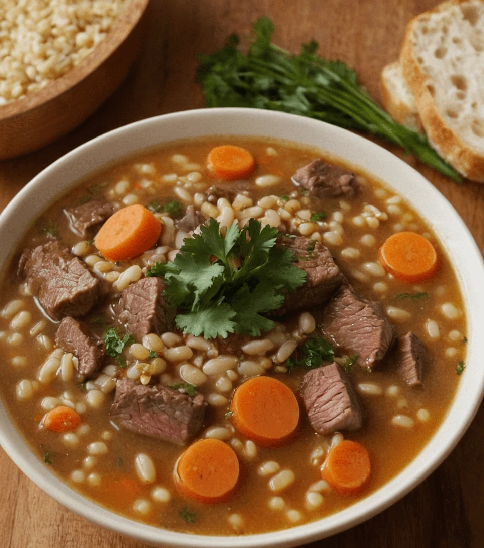 A bowl of beef barley soup with tender beef, carrots, barley, and fresh parsley on a wooden table.