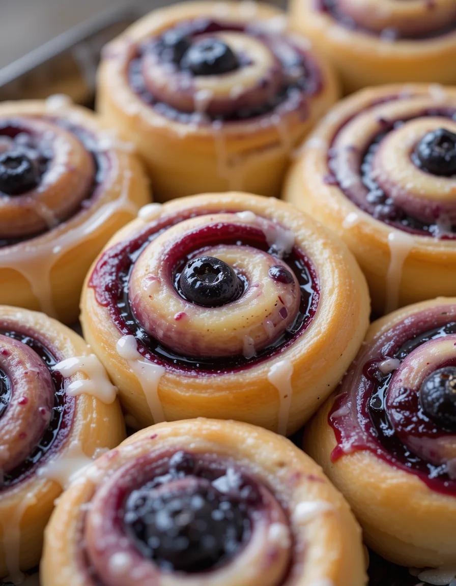 Blueberry sweet rolls drizzled with icing and filled with blueberry jam.