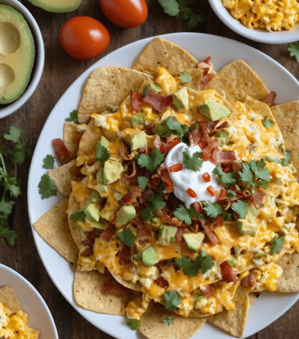 Breakfast nachos loaded with eggs, cheese, bacon, avocado, and sour cream.