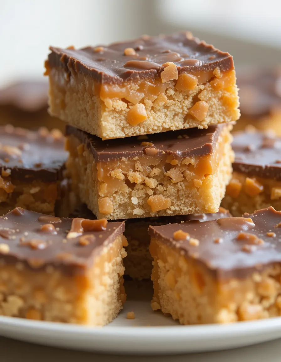 Caramel shortbread bars topped with chocolate and toffee pieces.