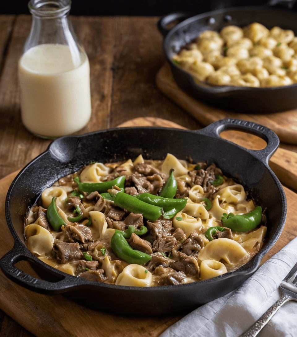 Beef stroganoff with egg noodles and snap peas served in a cast iron skillet.