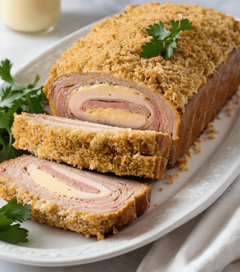 Stuffed meatloaf with layers of ham, cheese, and breadcrumbs, garnished with parsley.