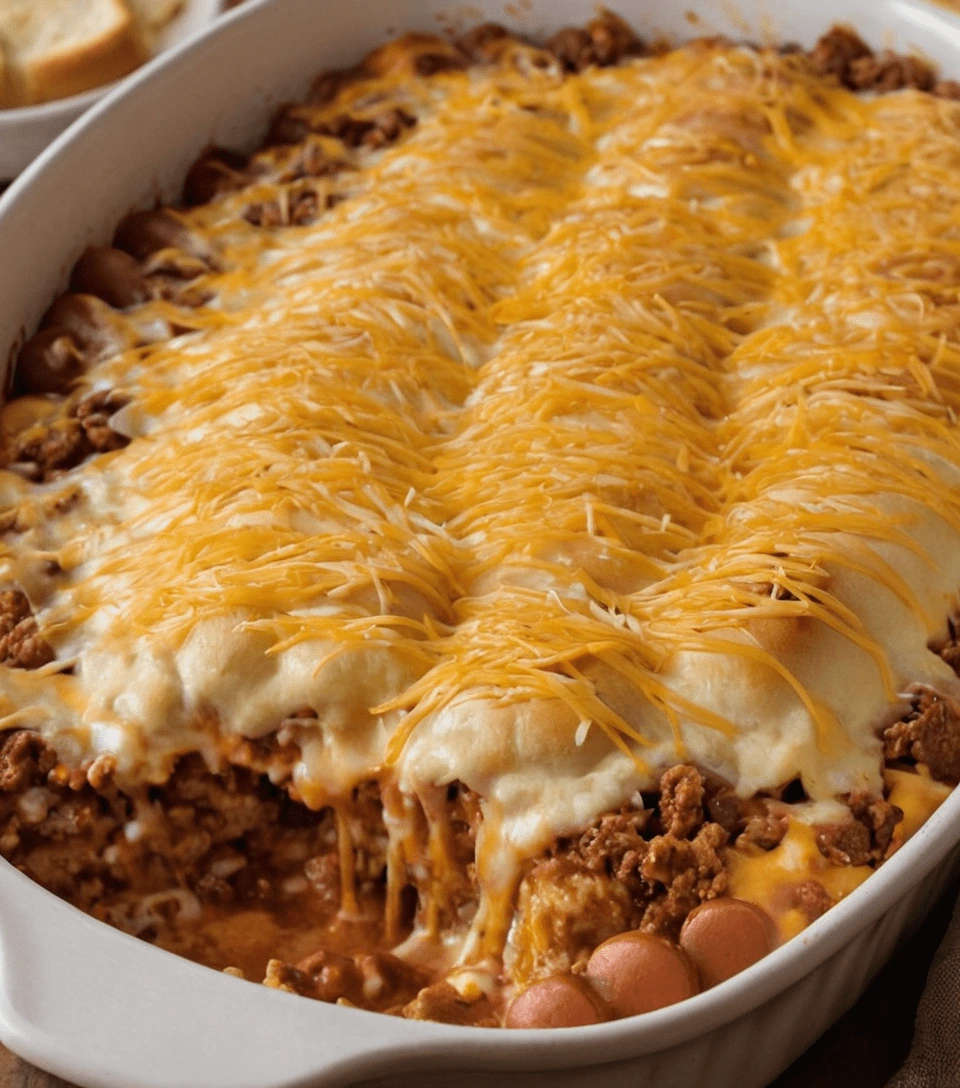 Close-up of a chili cheese dog casserole with melted cheese, hot dogs, and golden biscuit topping in a white baking dish.