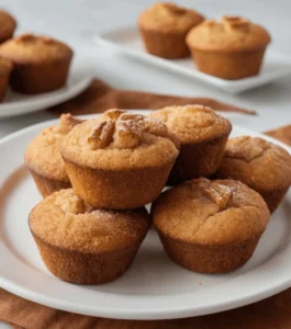 Golden brown apple muffins stacked on a white plate with a soft and moist texture.