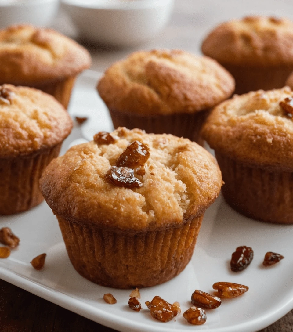 Golden brown apple muffins stacked on a white plate with a soft and moist texture.