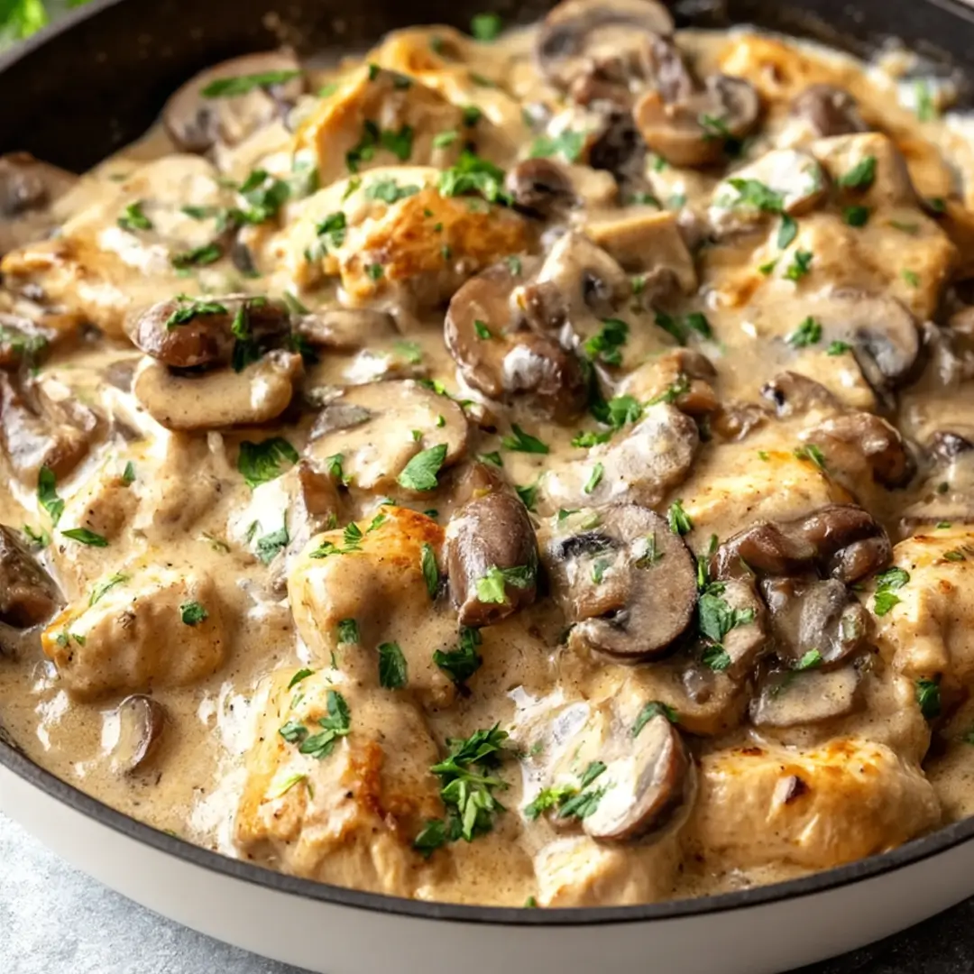 Rich and creamy Slow Cooker Chicken and Mushroom Stroganoff with golden seared chicken and mushrooms