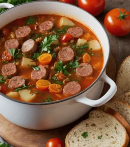 Hearty Italian sausage soup with potatoes, cherry tomatoes, and parsley in a white pot.