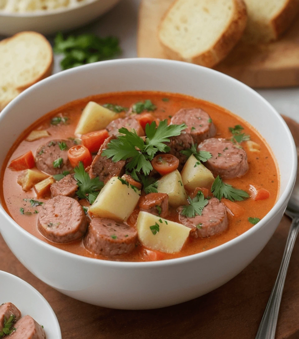 Creamy Italian sausage soup with potatoes, cherry tomatoes, and parsley in a white bowl.