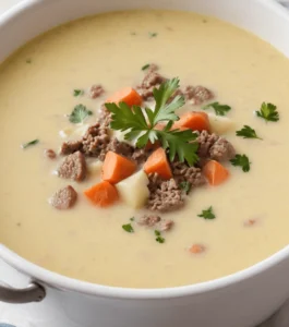 Creamy soup with ground beef, diced carrots, potatoes, and fresh parsley garnish in a white bowl.