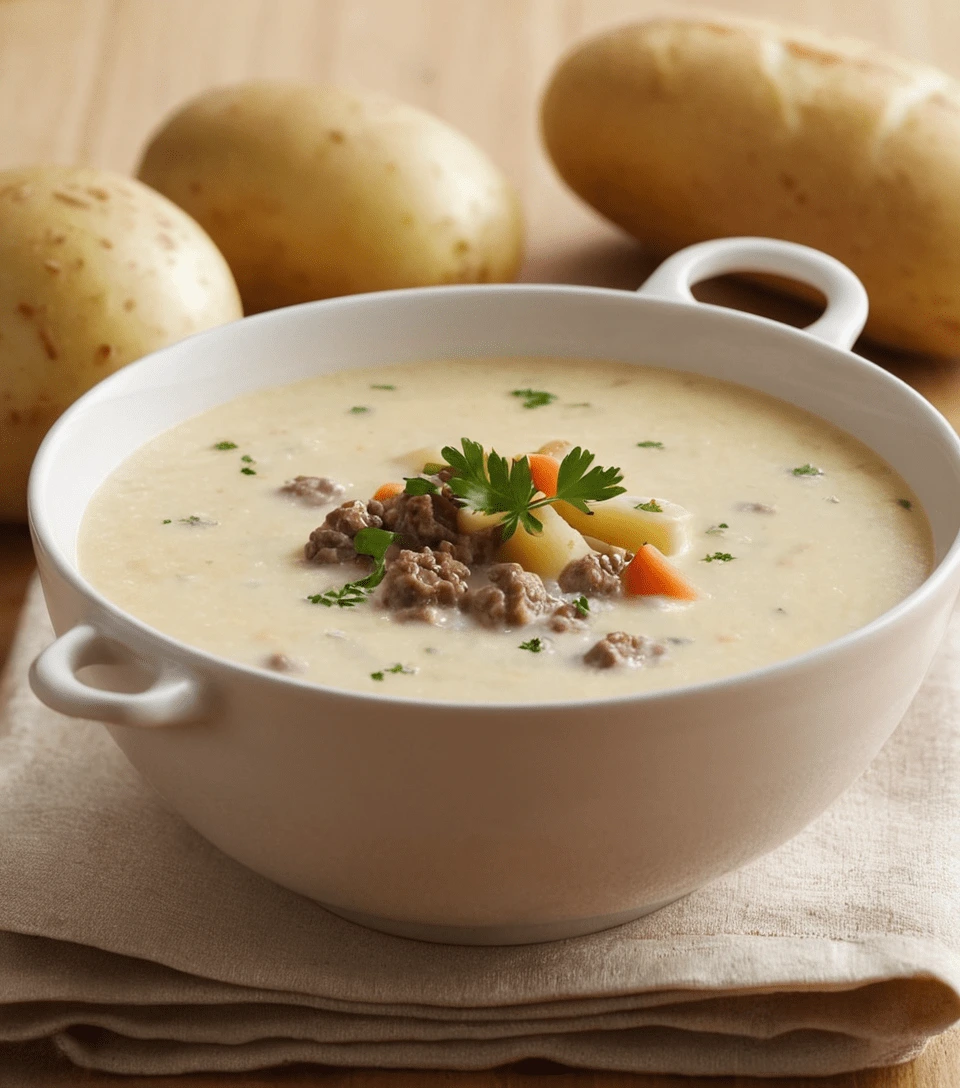 A bowl of creamy potato and hamburger soup garnished with parsley, featuring chunks of potatoes, ground beef, and carrots on a soft beige background.