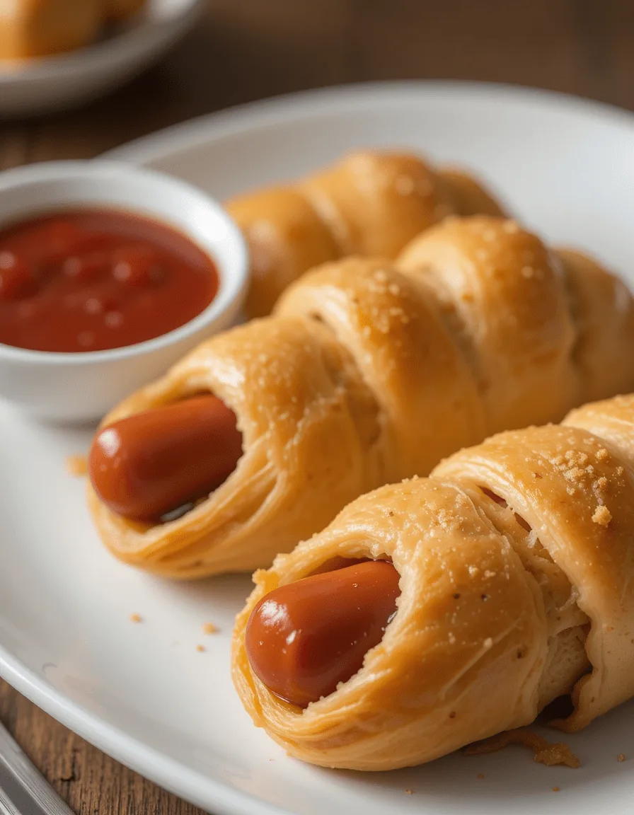 Golden-brown crescent roll hot dogs served on a white plate with a bowl of tomato sauce.