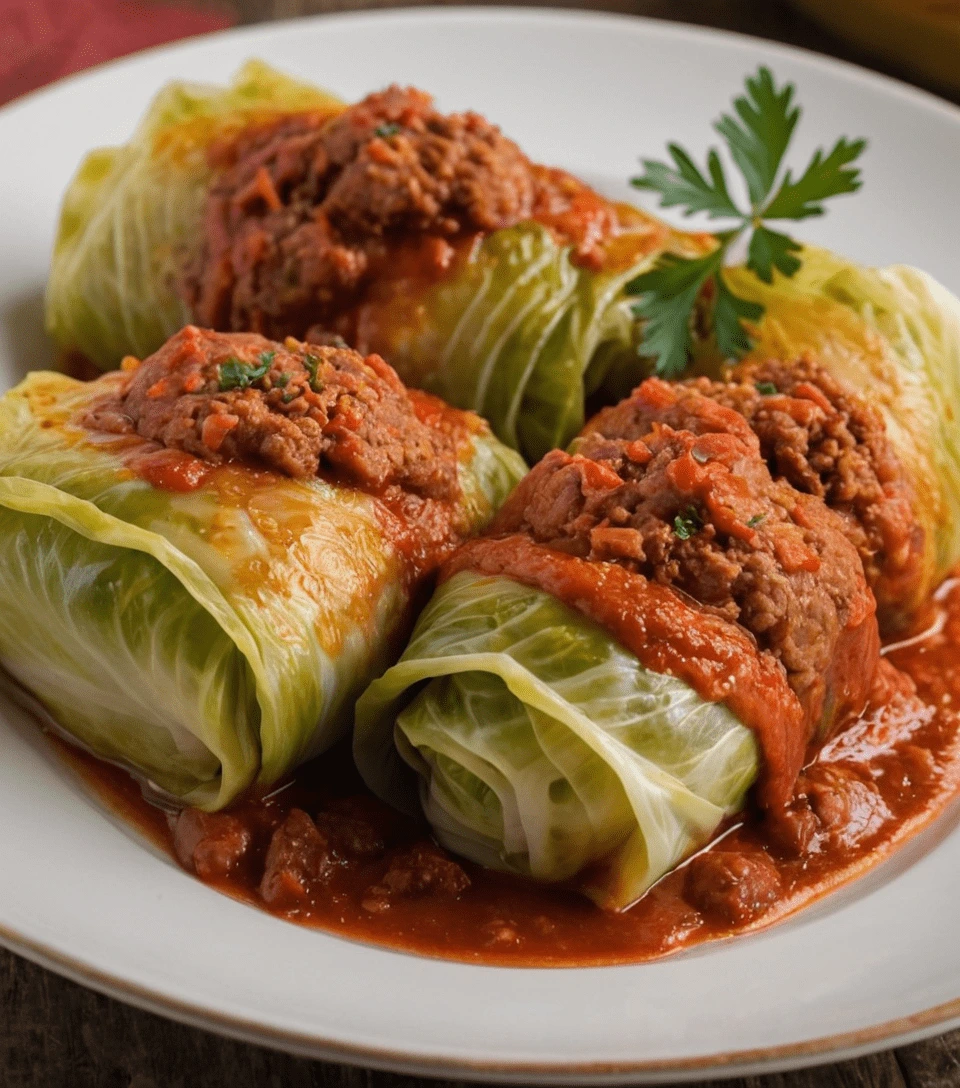 Hungarian stuffed cabbage rolls filled with pork, rice, and spices, served in rich tomato sauce.