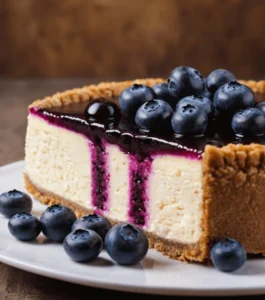  A blueberry cheesecake with a golden crust, creamy filling, and glossy blueberry topping, garnished with fresh blueberries on a white plate.