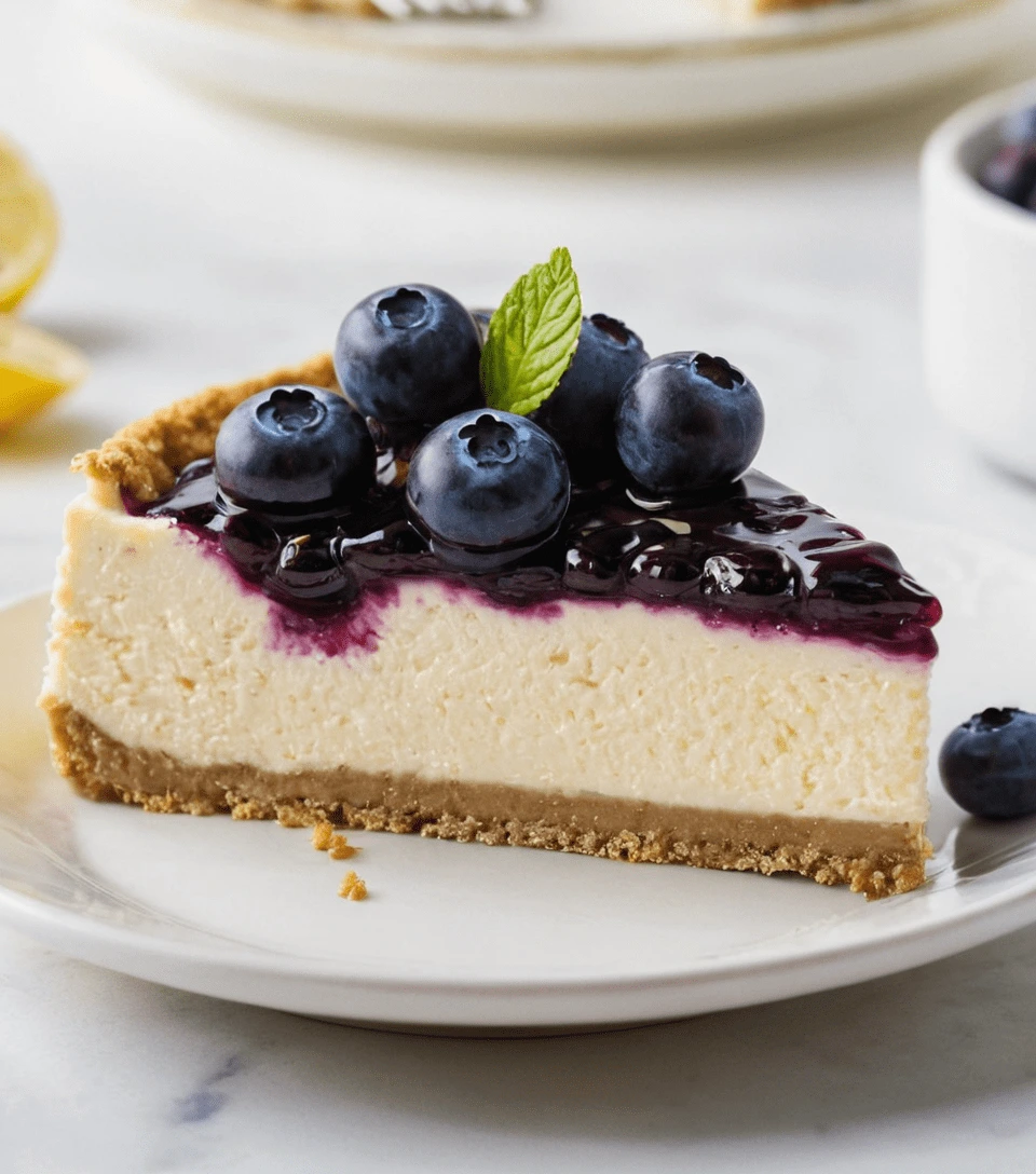 A slice of lemon blueberry cheesecake topped with fresh blueberries, blueberry compote, and a mint leaf on a white plate.