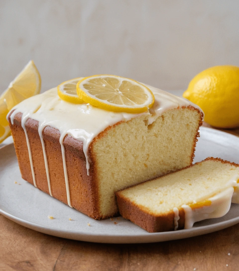 Freshly baked lemon cream cheese pound cake topped with a lemon glaze and lemon slices, served on a plate with a slice cut to reveal its soft, moist crumb.