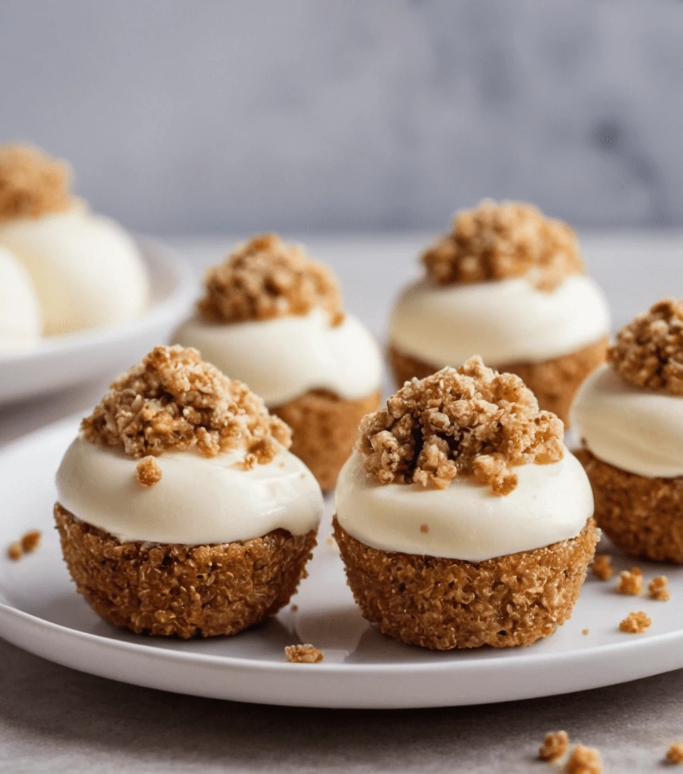 Mini cheesecake bites topped with creamy frosting and oat crumble on a white plate.