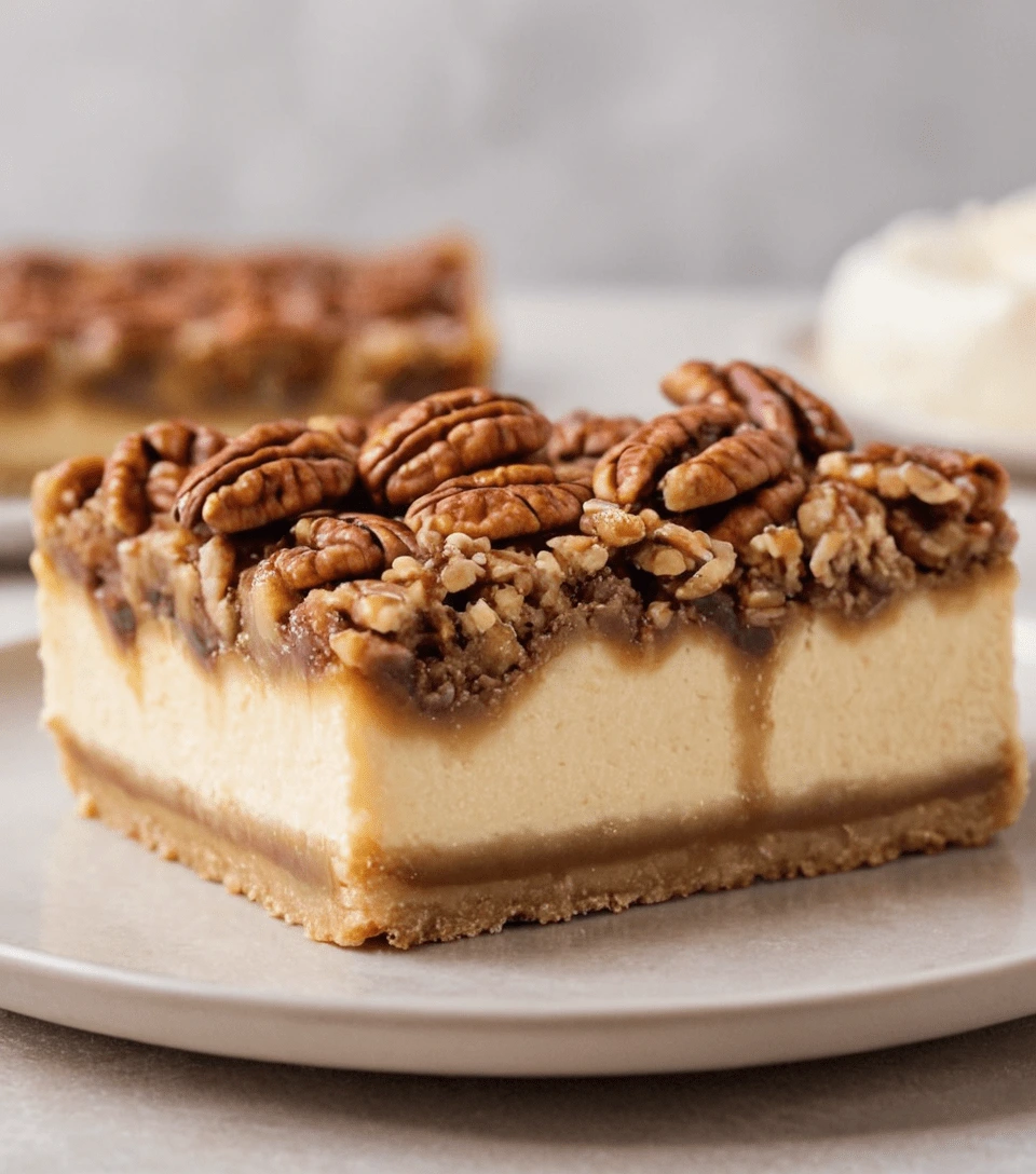 Pecan pie cheesecake bars with a creamy cheesecake layer, golden caramelized pecan topping, and a crumbly golden-brown crust.