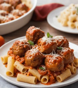 Plate of sausage pasta bake with rigatoni, meatballs, tomato sauce, and grated cheese garnish.